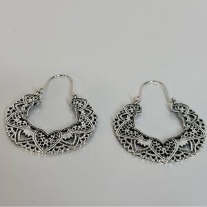 Intricate Filigree Hoop Earrings - Silver Tone. Heart Design